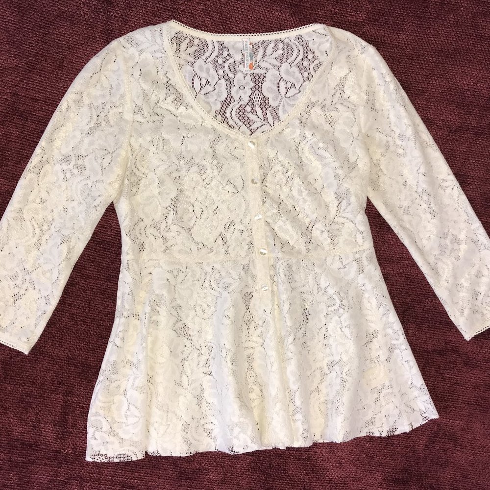 🌻 🌸 FREE PEOPLE Ivory Lace Smock Top - Sz XS - NEW - Picture 7 of 9